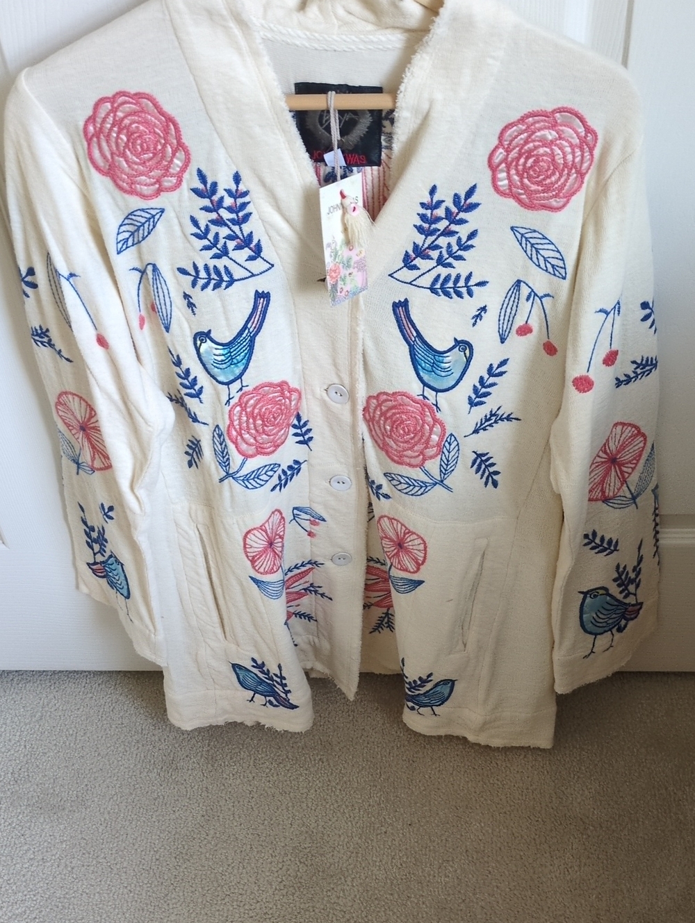 NWT Johnny Was Cream Button-Front Jacket with Pink Floral & Blue Bird Embroidery